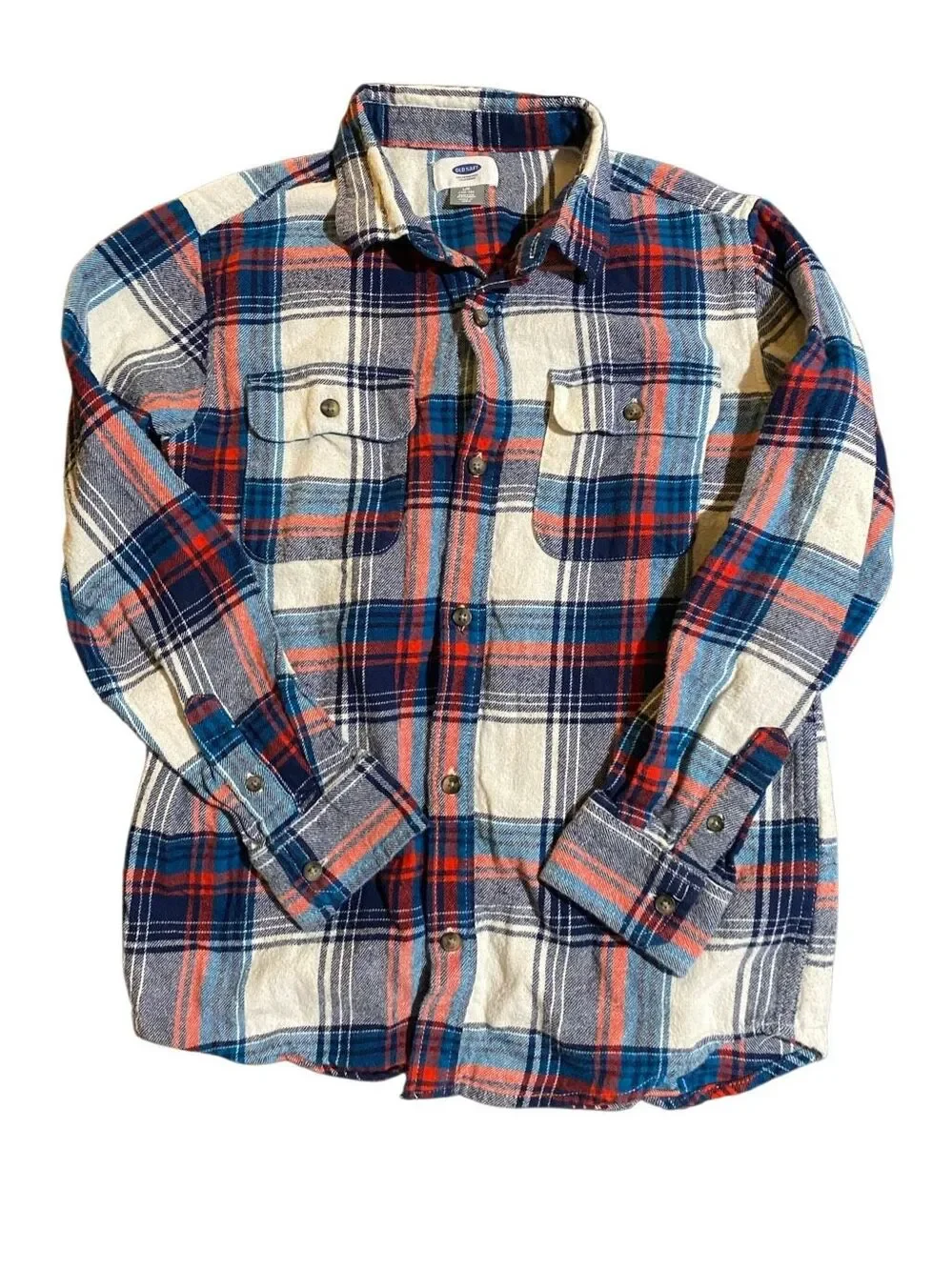 Old Navy boys flannel plaid button up blue red and white shirt 10/12